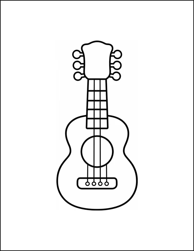 A toy guitar with one large round sound hole and a long neck.