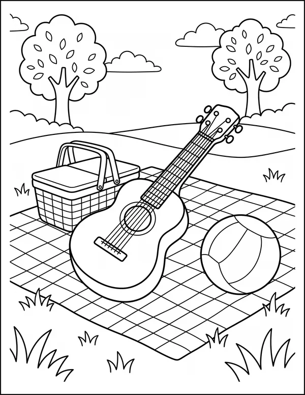 A toy guitar lying on a picnic blanket beside a ball.
