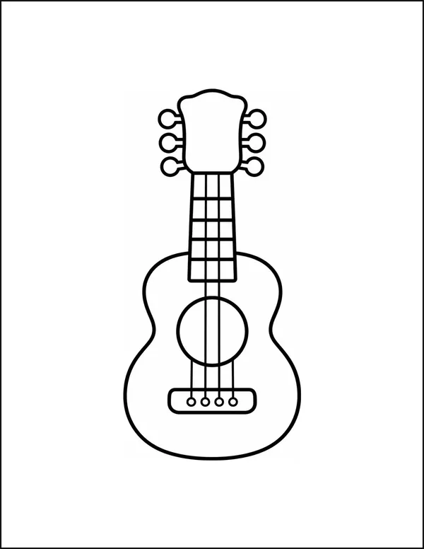 A toy guitar with one large round sound hole and a long neck.