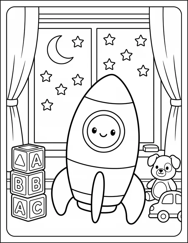 A toy rocket on a windowsill with stars visible outside.
