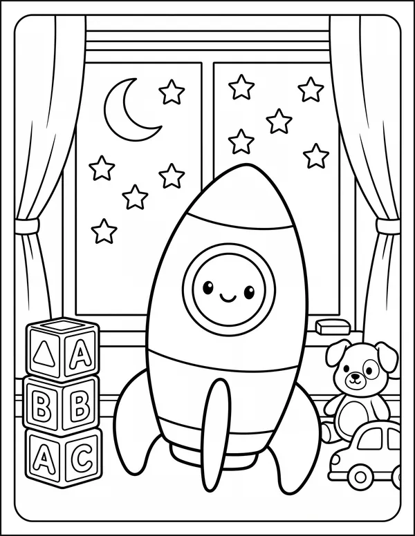 A toy rocket on a windowsill with stars visible outside.