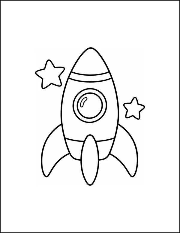 A toy rocket with three large fins beside two stars.