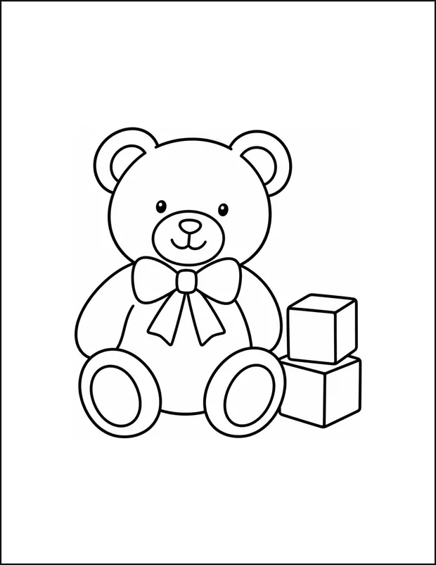 A teddy bear wearing a bow sitting beside two lettered blocks.