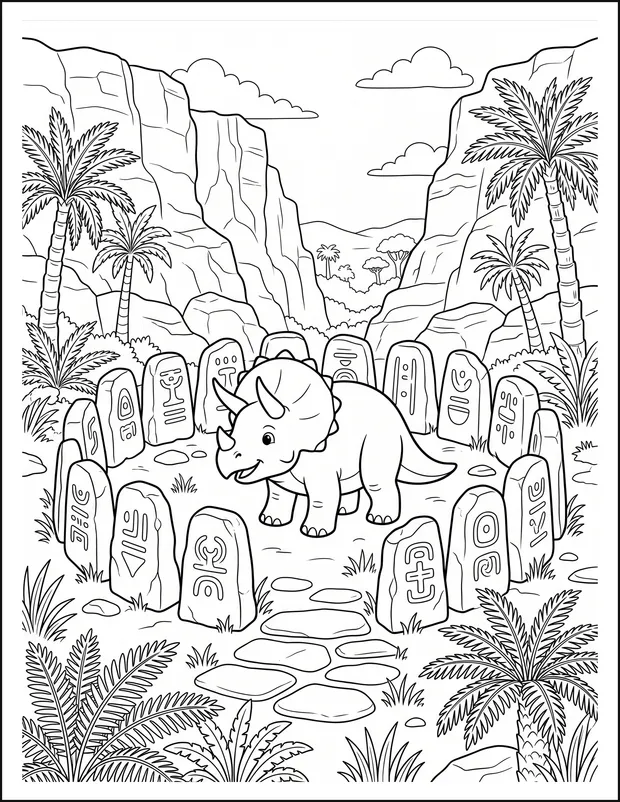 A triceratops standing inside a ring of carved standing stones.