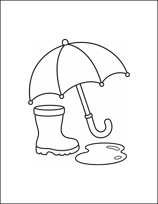 An open umbrella beside one boot standing in a shallow puddle.
