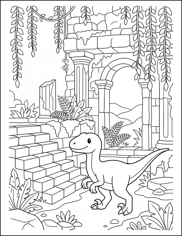 A small raptor climbing the stone stairs of a vine-covered temple.