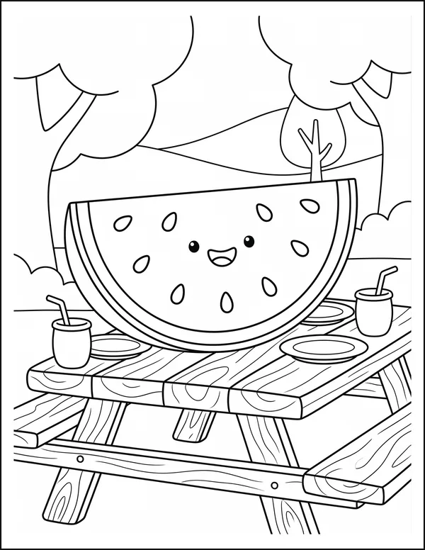 A wedge of watermelon on a picnic table with plates and cups.