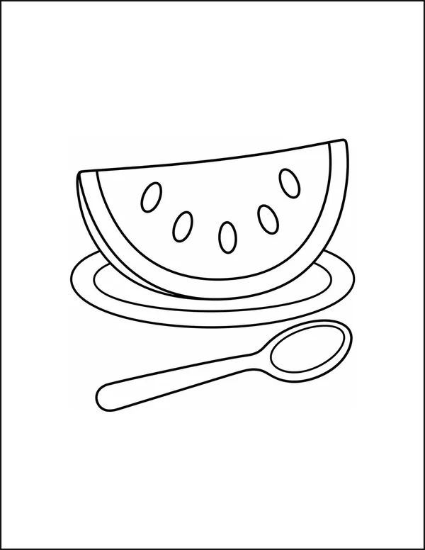 A wedge of watermelon with five seeds on a plate with a spoon.