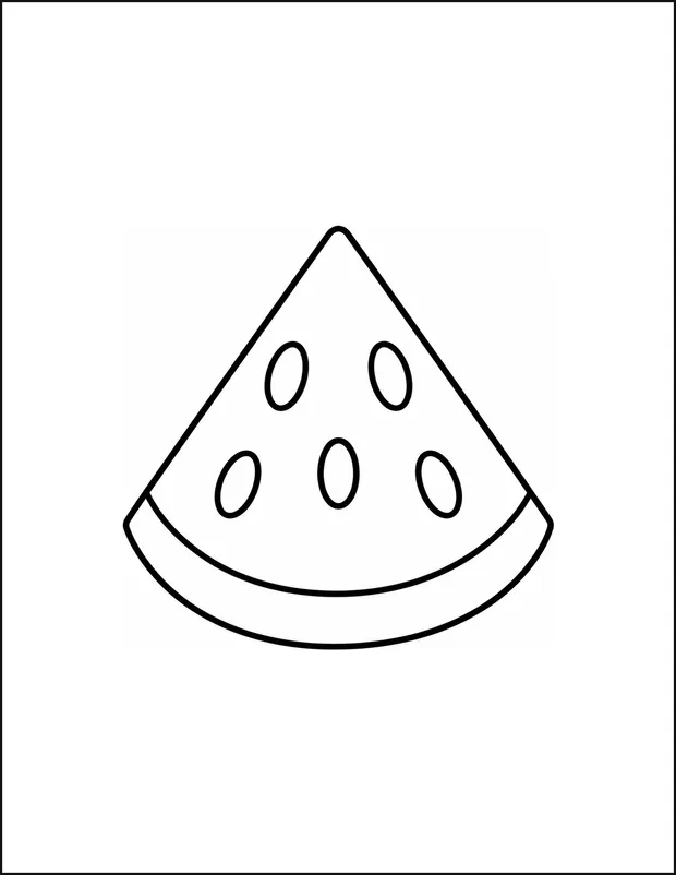 A slice of watermelon with five large seeds above a thick rind.