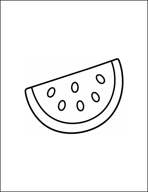One large watermelon slice tilted, holding six round seeds.