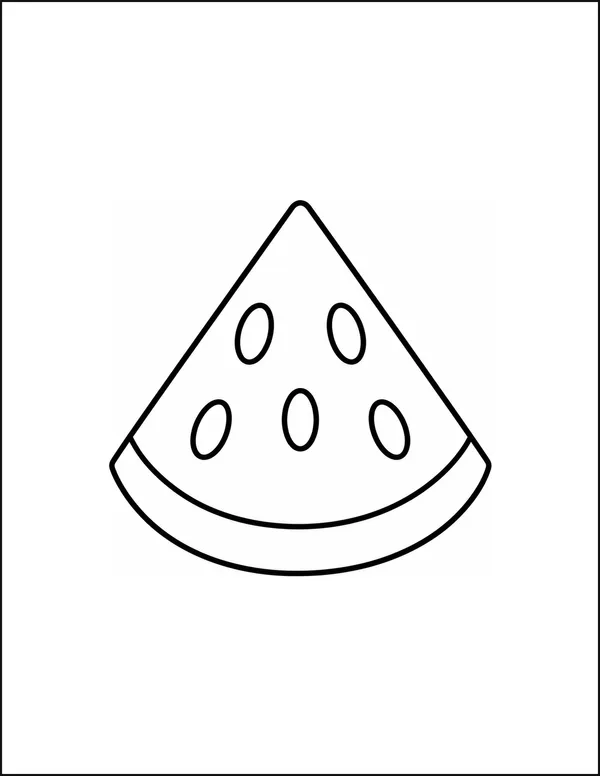 A slice of watermelon with five large seeds above a thick rind.