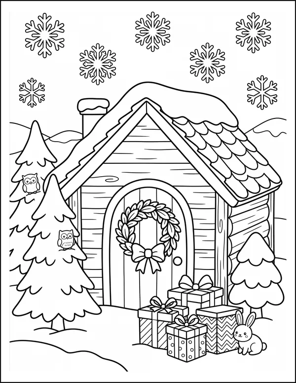 A winter cabin with a wreath on the door and gifts on the step.