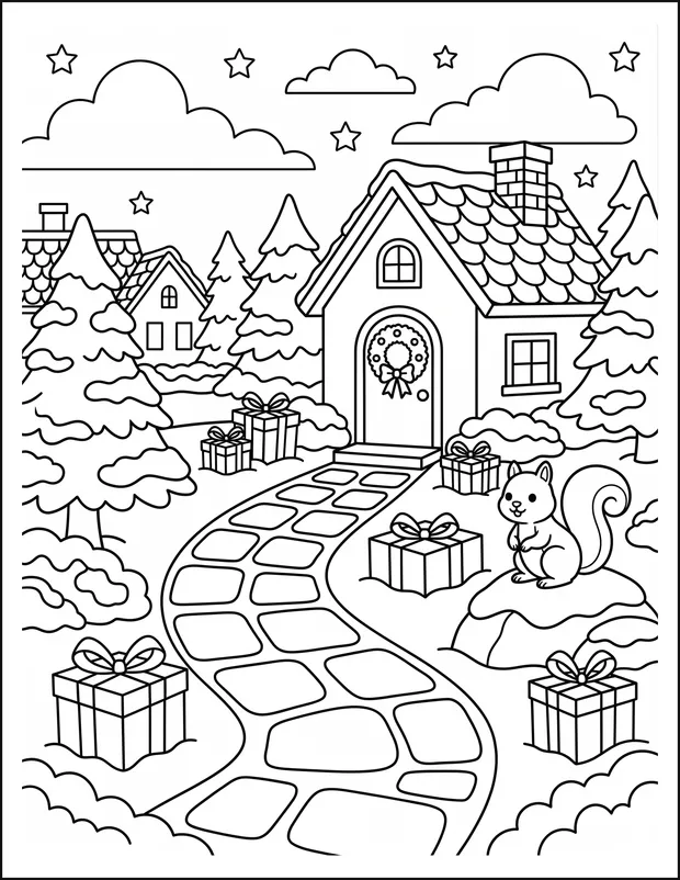 A winter cottage garden with a stone path and snowy trees.